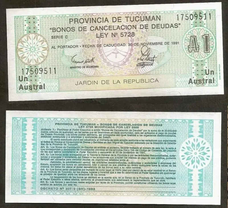 Billete Argentina 1 Austral Provincia Tucuman Unc