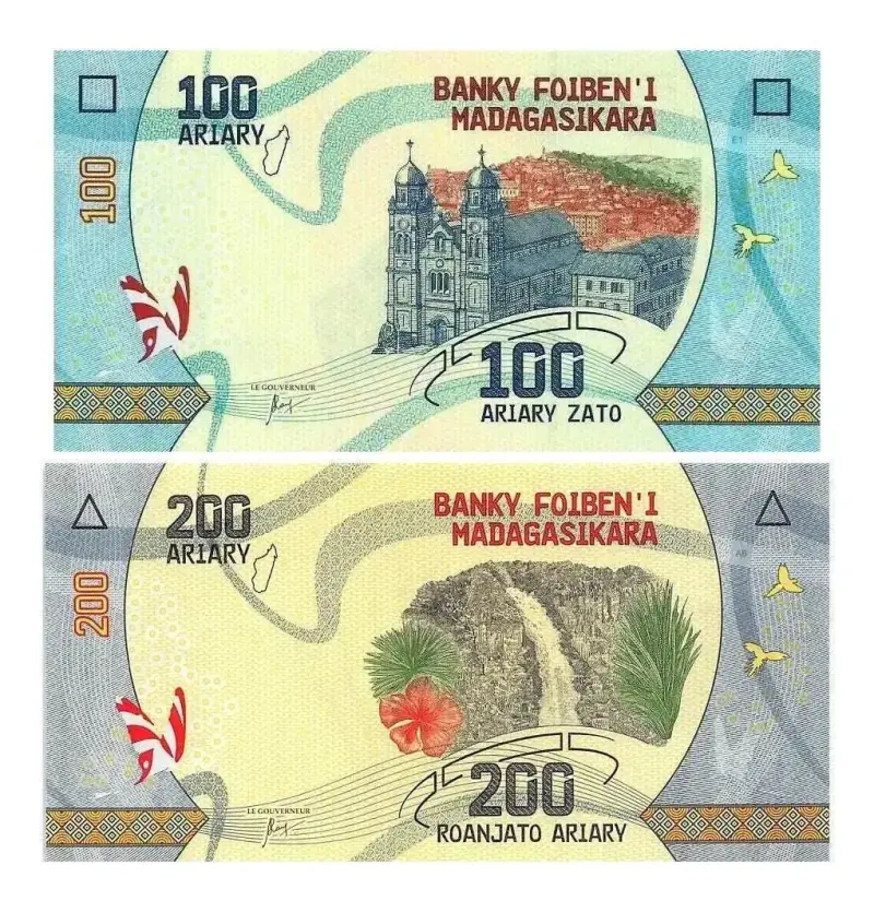 2 Billetes Madagascar 100 Y 200 Ariary 2017 Unc