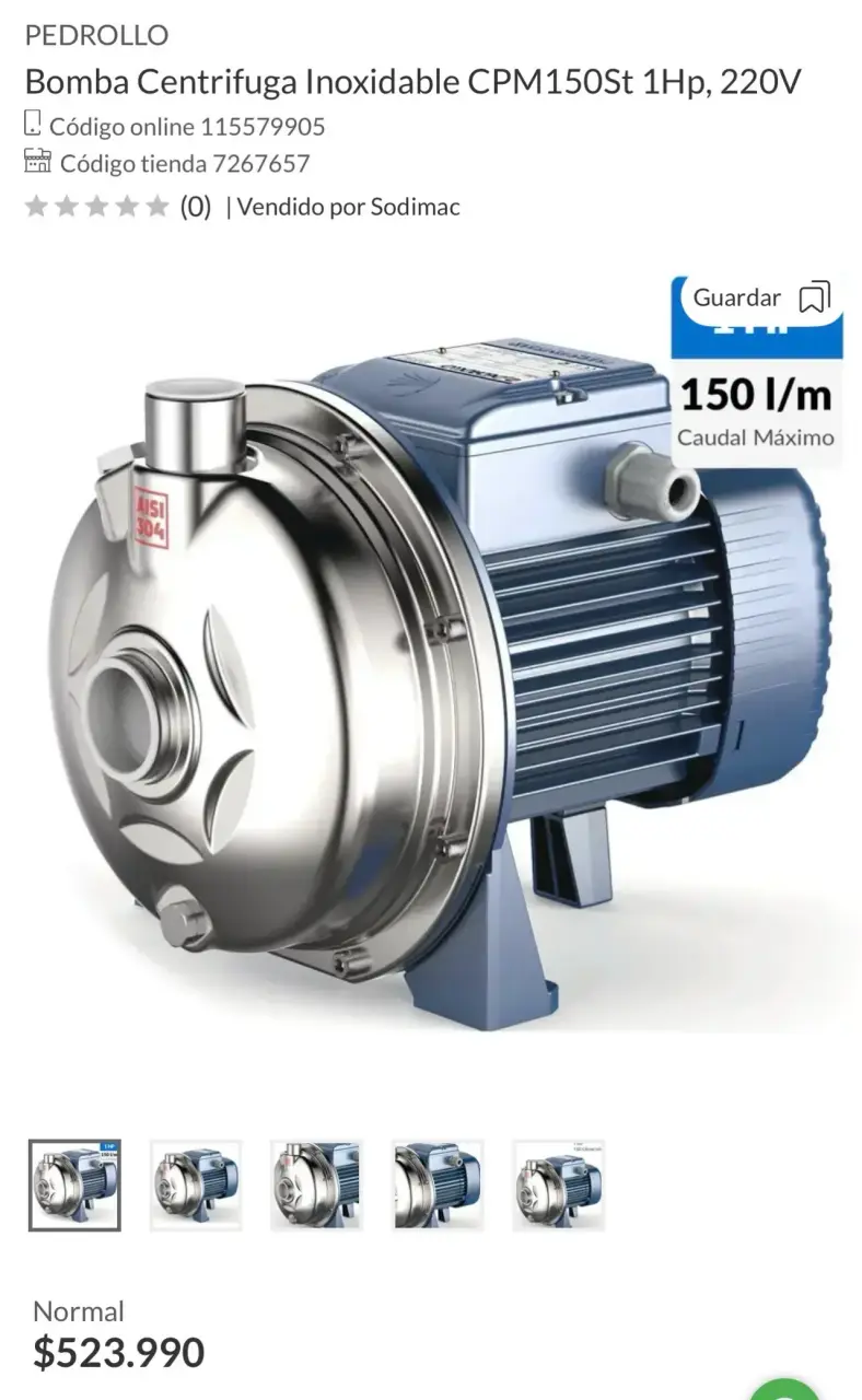 Bomba centrifuga inoxidable 1Hp 220V