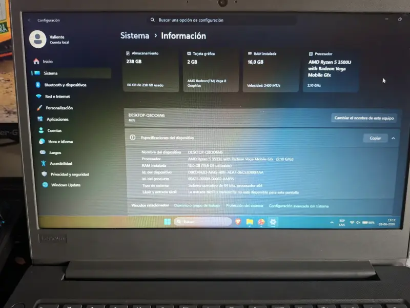 Notebook Lenovo impecable - Ryzen 5 / 16GB RAM - 5