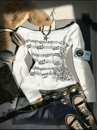 Polera blanca con notas musicales - miniatura 1