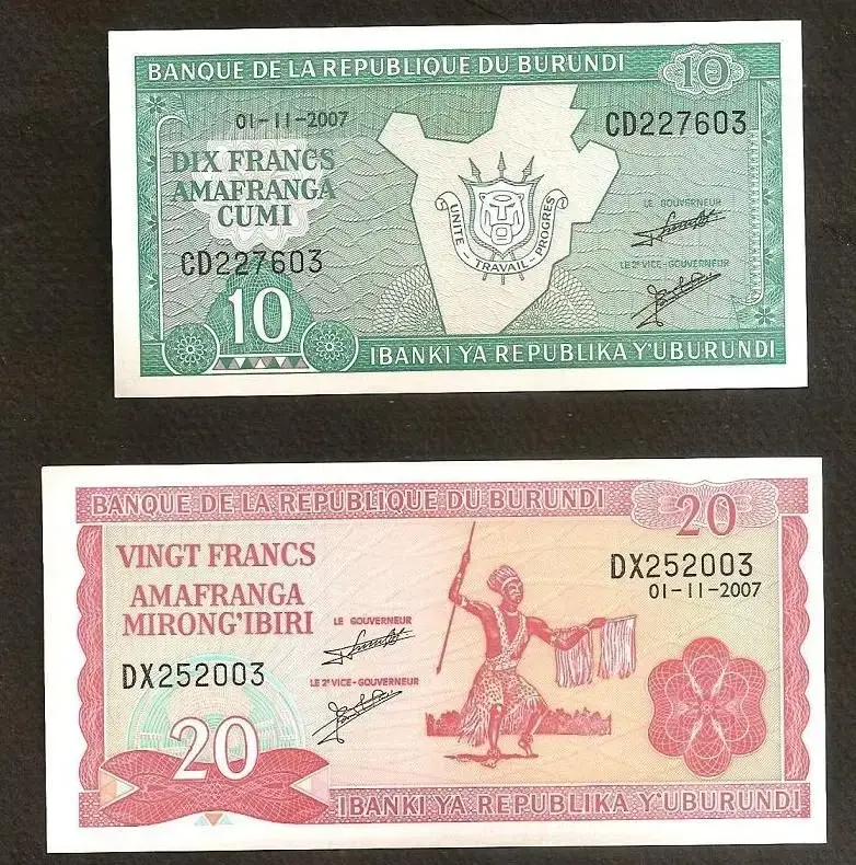 Colección Billetes De Burundi 10 Y 20 Francs Unc - 1