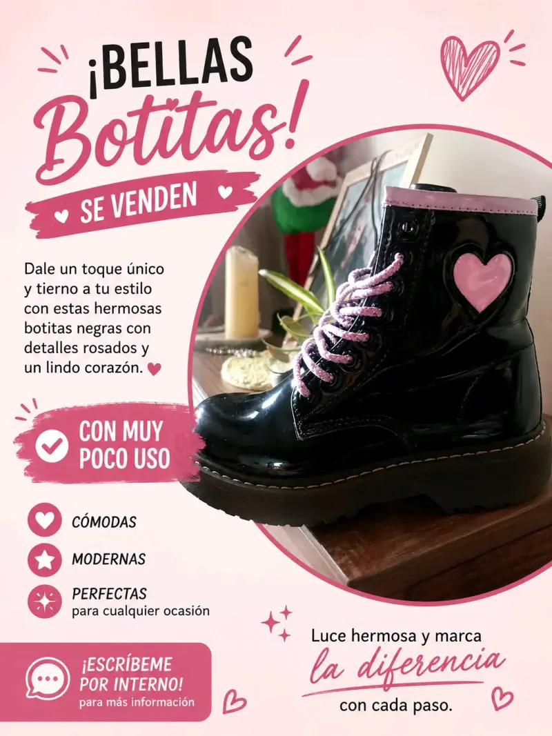 Botines negros con corazones rosados