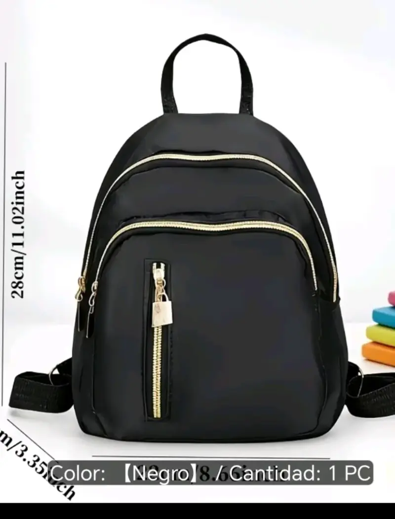 Mochila negra pequeña con cremalleras doradas - 1