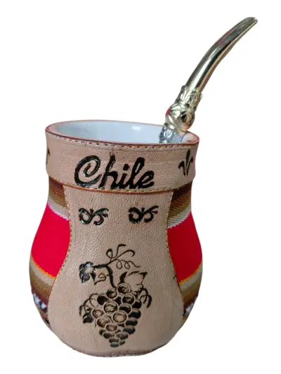 Mate caramica con aguayo y cuero  con bombilla - miniatura 1