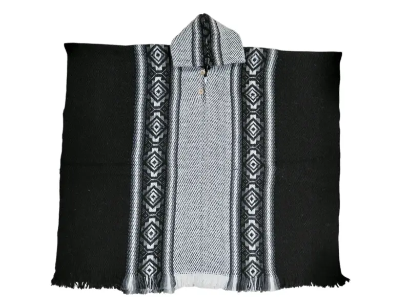 Poncho de lana de 100% alpaca negro y blanco