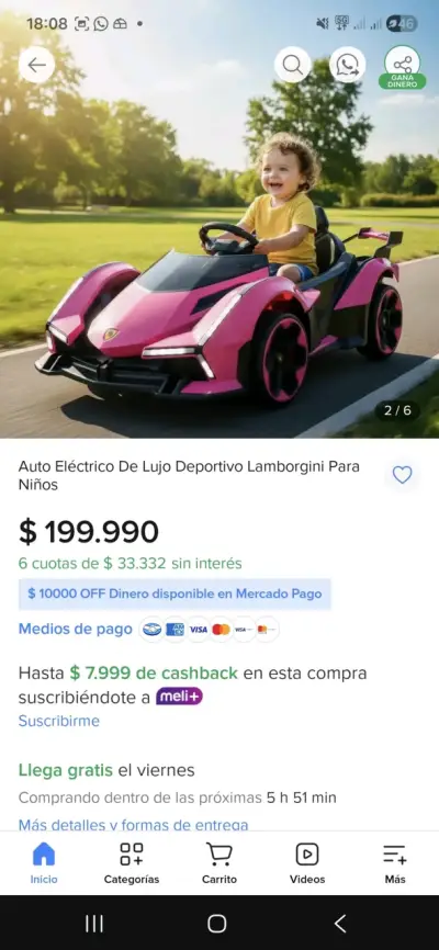 Auto eléctrico deportivo infantil rosado - miniatura 1