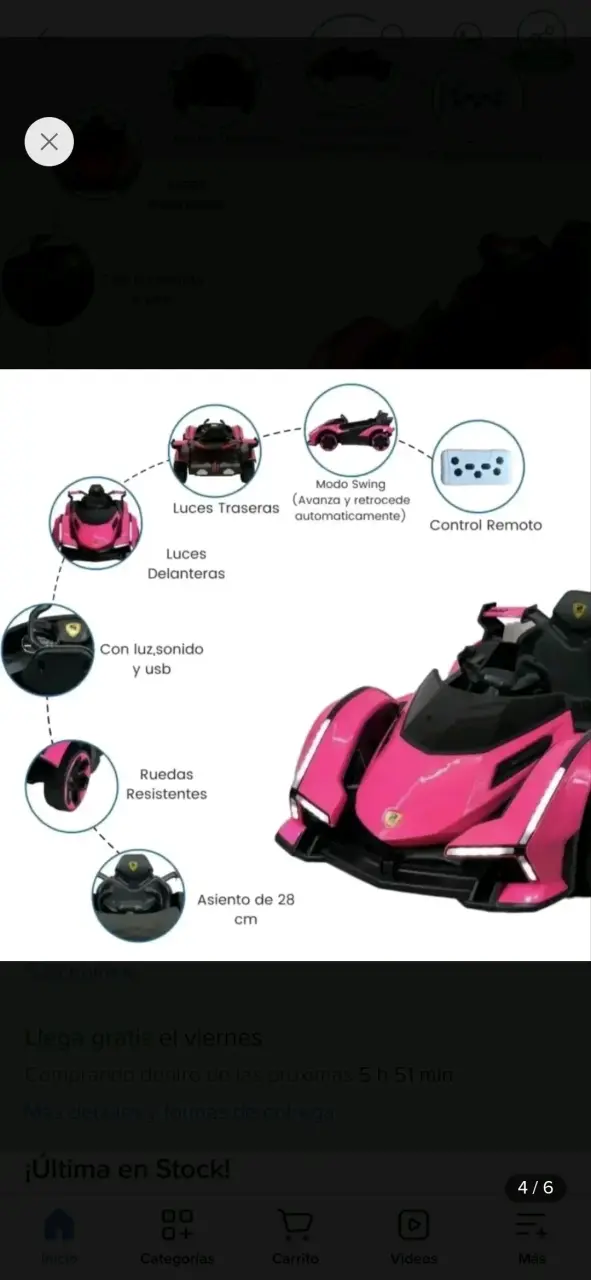 Auto eléctrico deportivo infantil rosado - 2
