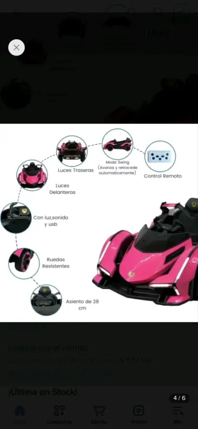 Auto eléctrico deportivo infantil rosado - miniatura 2