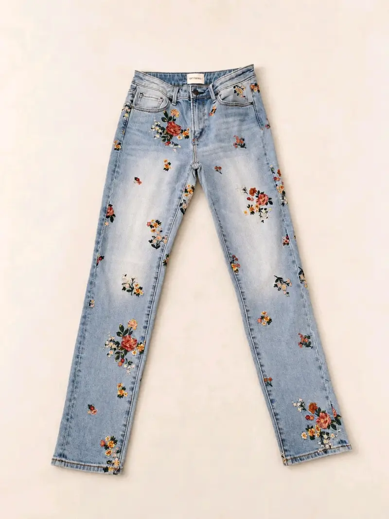 Jeans bordados de tiro alto driftwood - 1