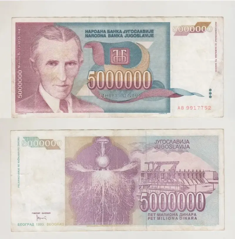 Billete Yugoslavia 5000000 Dinara 1993 Nikola Tesl - 1