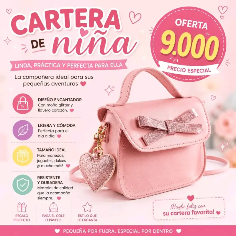 Cartera de niña rosada con moño