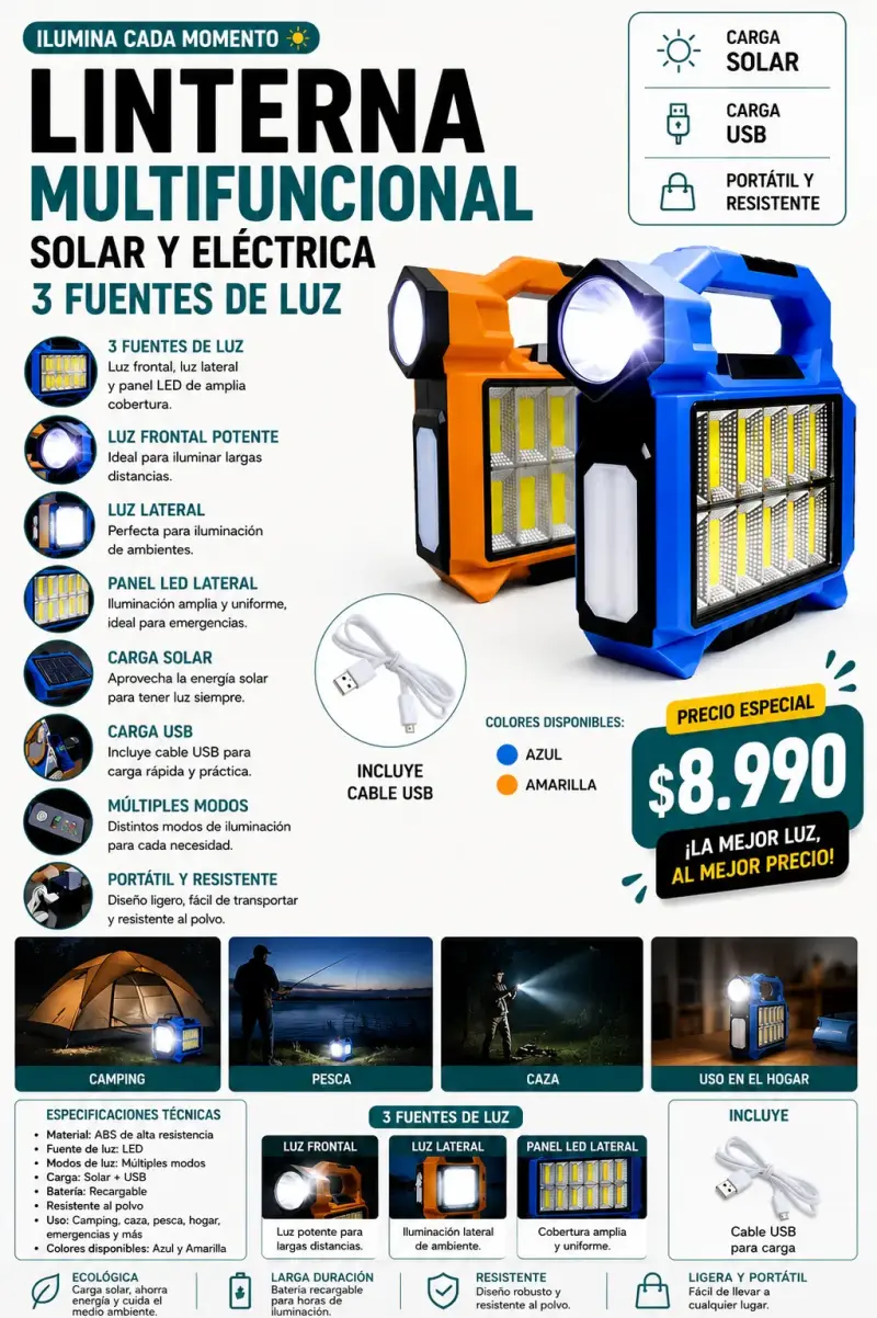 Linterna multifuncional solar y eléctrica