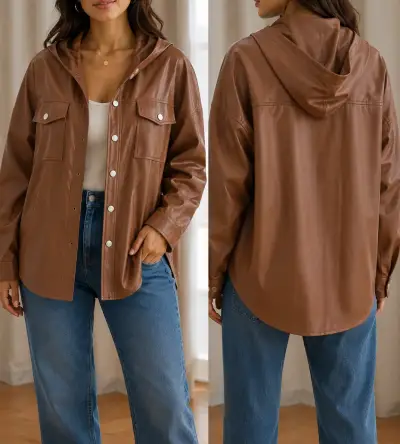 Nueva!!! Chaqueta ecocuero marrón con capucha L - miniatura 3