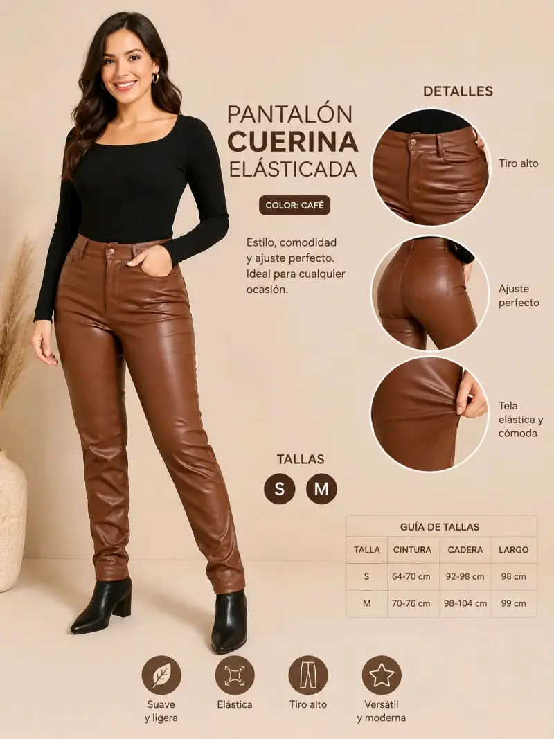 Pantalón cuerina café elásticoS y M. Nuevo