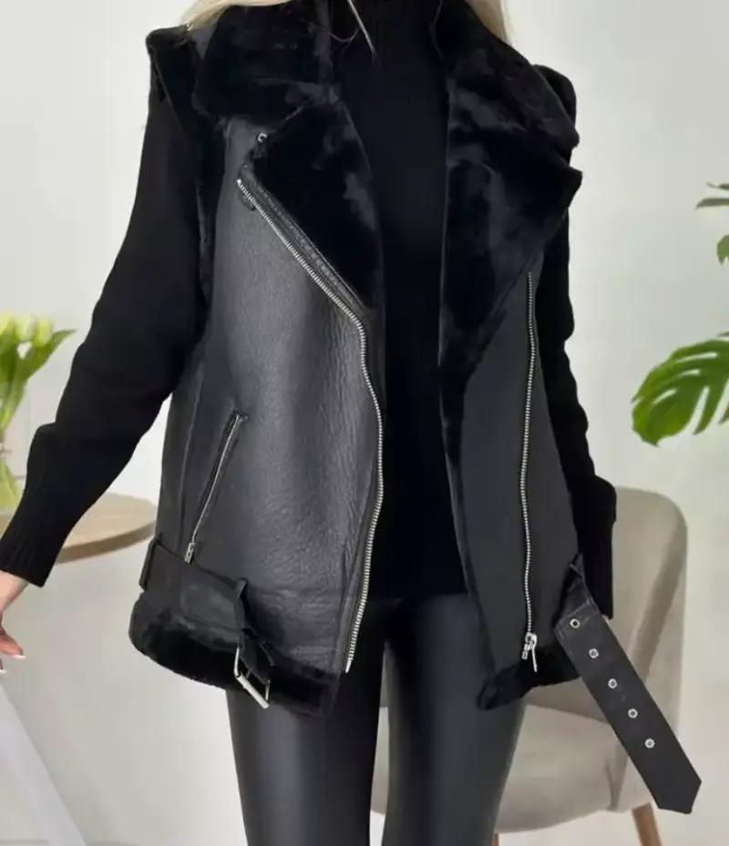 Chaleco de cuero negro con cinturón - 1