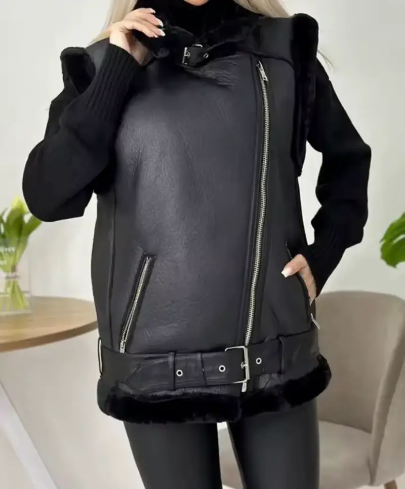 Chaleco de cuero negro con cinturón - 2