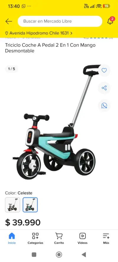 Triciclo para niños con mango - miniatura 2