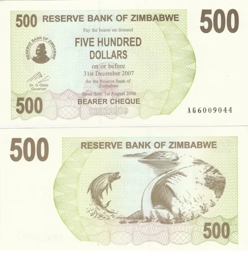Billete De Zimbabwe 500 Dolares Año 2007 Unc