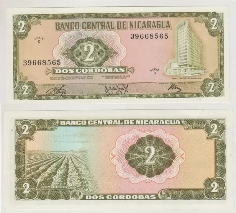 Billete Nicaragua 2 Córdobas 1972 Unc Nuevo