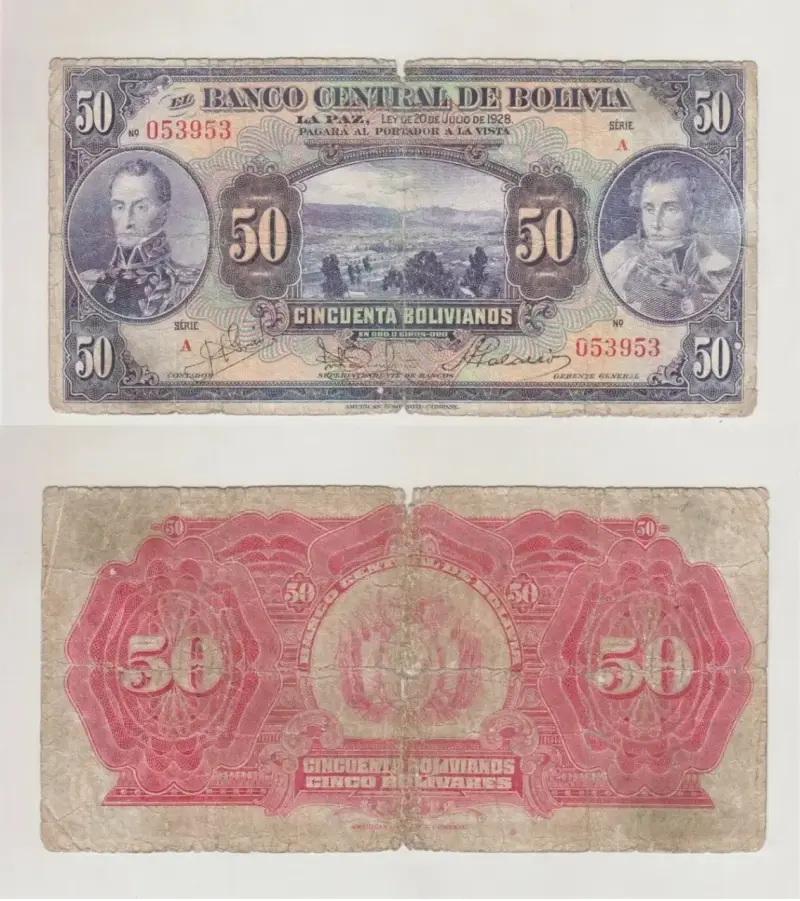 Billete Bolivia 50 Bolivianos 1928 Serie A (1934)