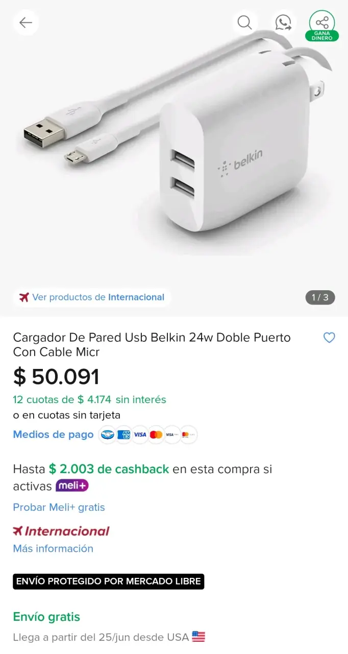 Cargador EEUU ORIGINAL USB-C doble 24W Belkin - 3