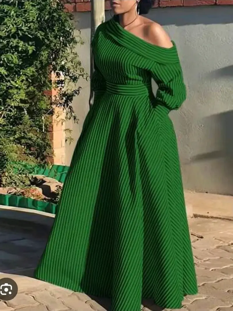 Vestido de rayas para fiesta con bolsillos verde - 1