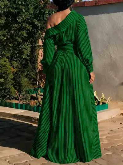 Vestido de rayas para fiesta con bolsillos verde - miniatura 2