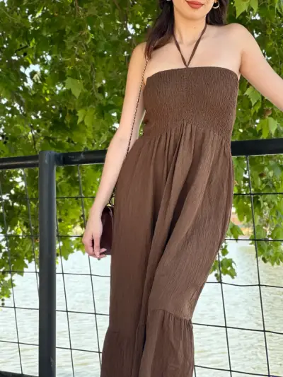 Vestido largo marrón strapless ropa italiana - miniatura 1