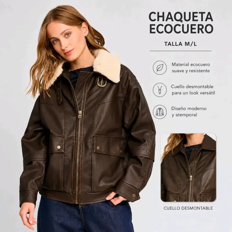Chaqueta ecocuero marrón M/L cuello desmontable