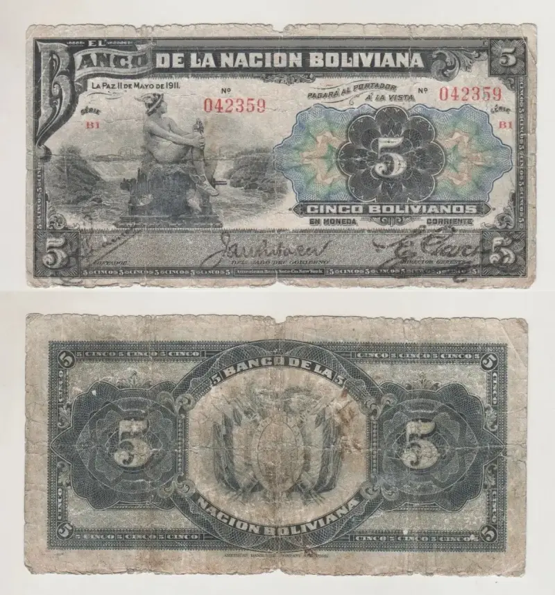 Billete Bolivia 5 Bolivianos Ley 1911