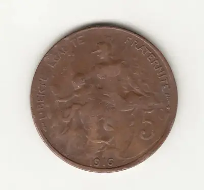 Moneda Francia 5 Centimes 1916 Primera Guerra - miniatura 1