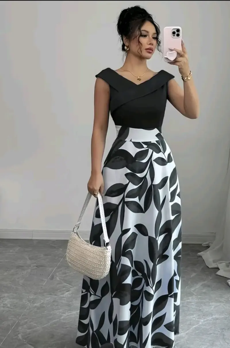 Vestido largo blanco y negro