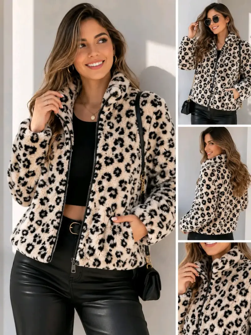 Chaqueta peluda con estampado animal talla M