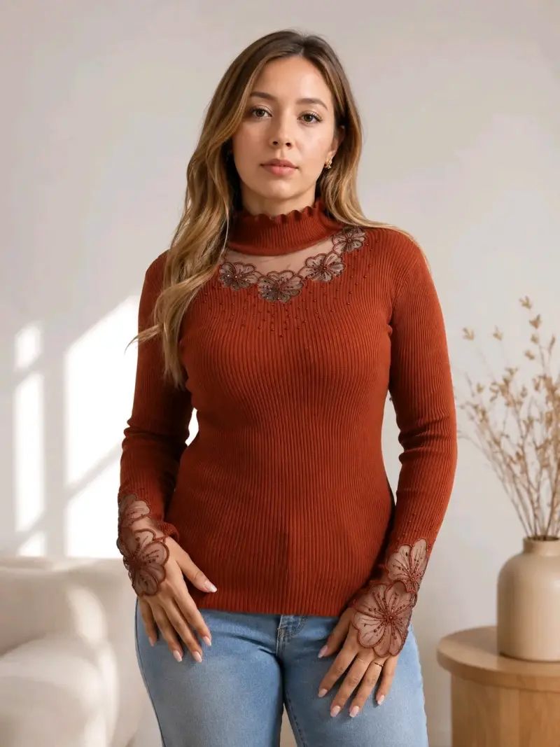 Suéter encaje de transparencia floral y brillos