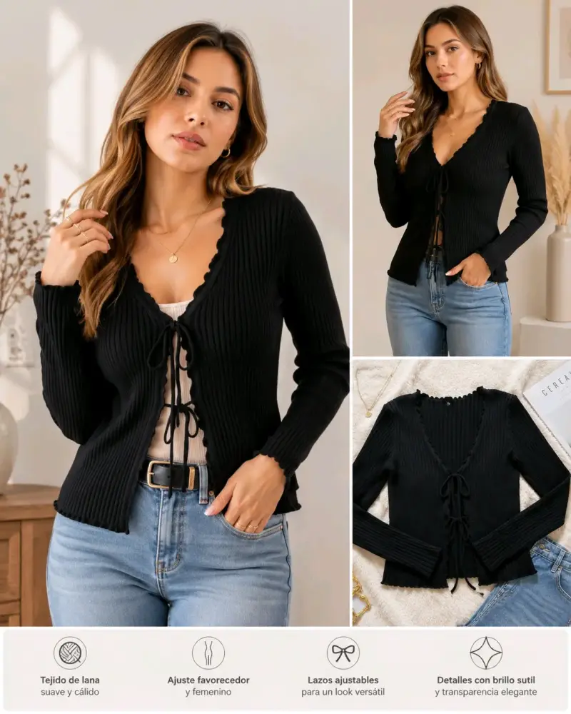 Cardigan de lana negro ajustable