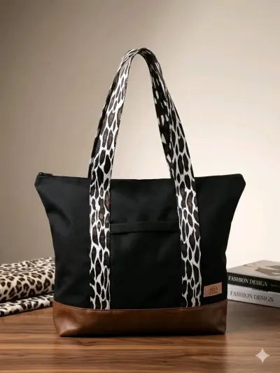 Bolso negro con asas animal print - miniatura 1