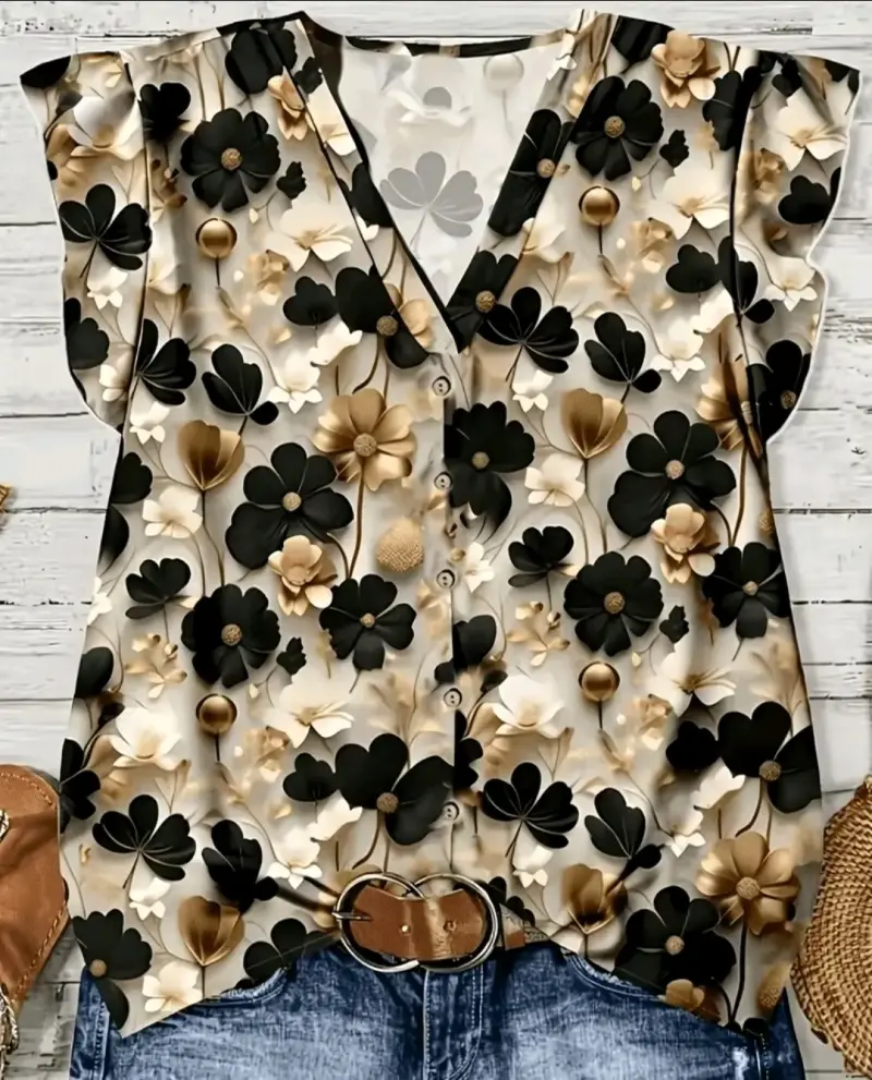 Blusa estampada flores beige y negro - 1