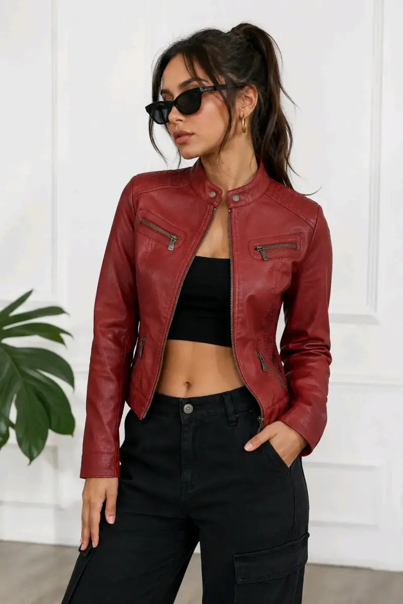 Chaqueta de cuero color ladrillo mujer