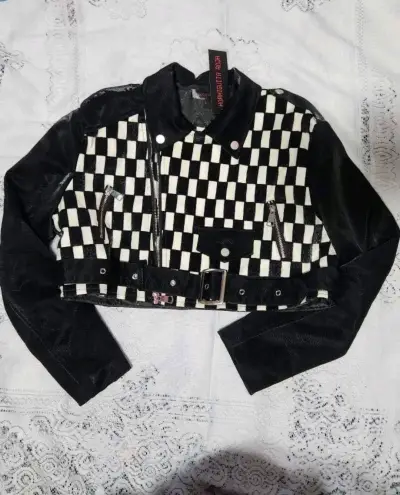 Chaqueta crop negro a cuadros - miniatura 1