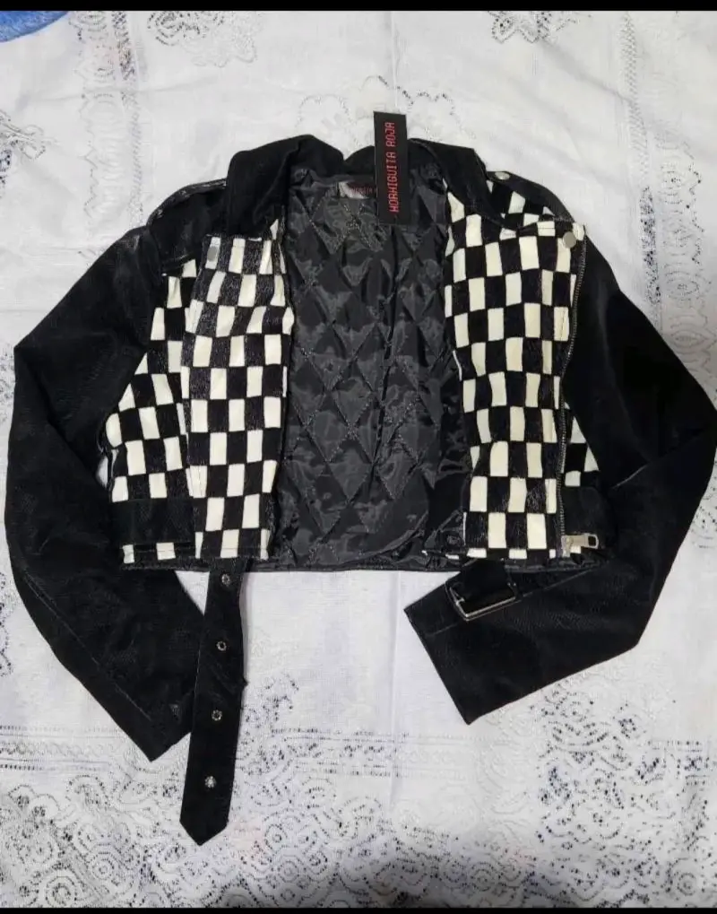 Chaqueta crop negro a cuadros - 3