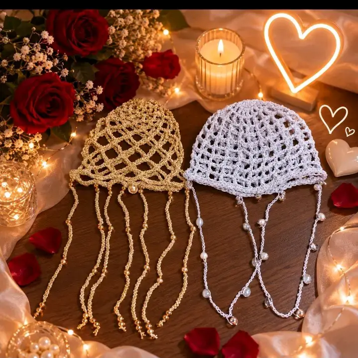 Tocados de crochet dorado y blanco