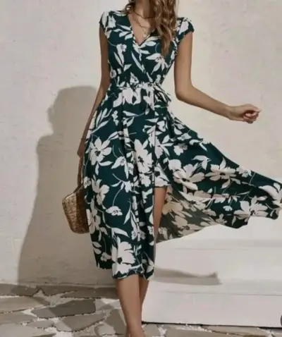Vestido floral verde con lazo - miniatura 1