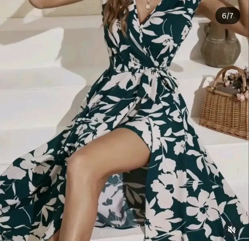 Vestido floral verde con lazo - 6