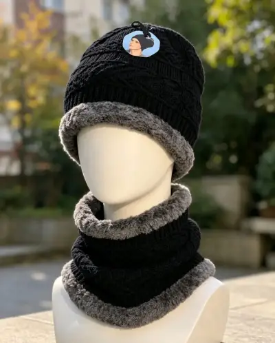 Gorro y cuello  negro con forro gris - miniatura 1