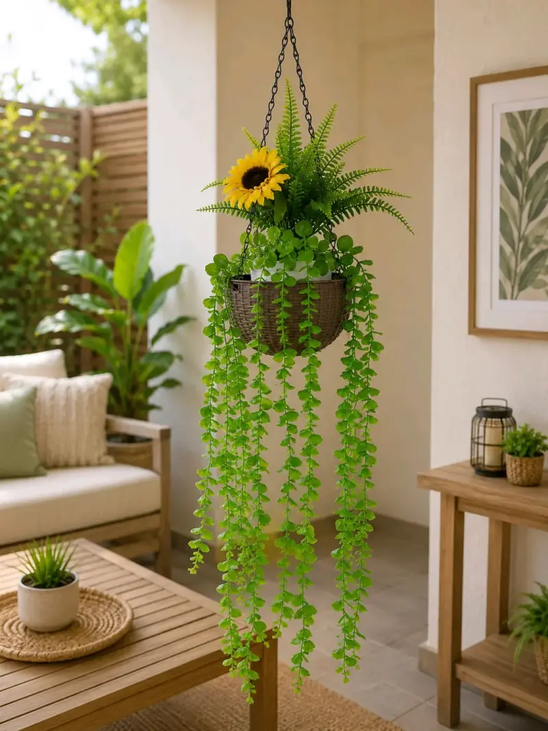 Macetero colgante con plantas artificiales