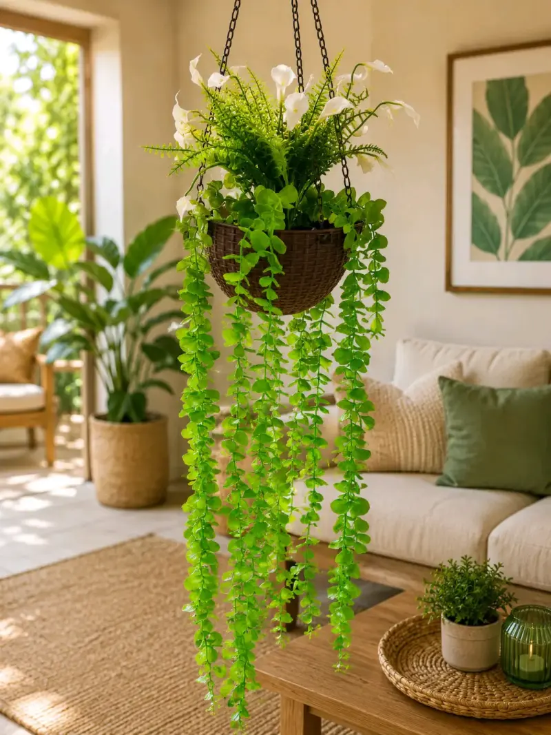 Planta colgante artificial con flores.