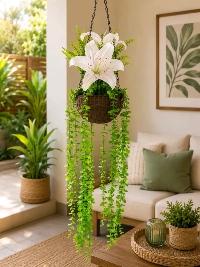 Planta colgante con lilium artificial