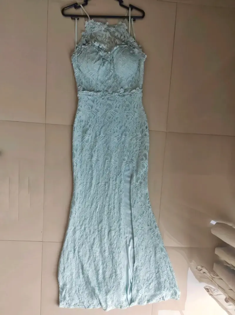 Vestido largo encaje verde agua - 3
