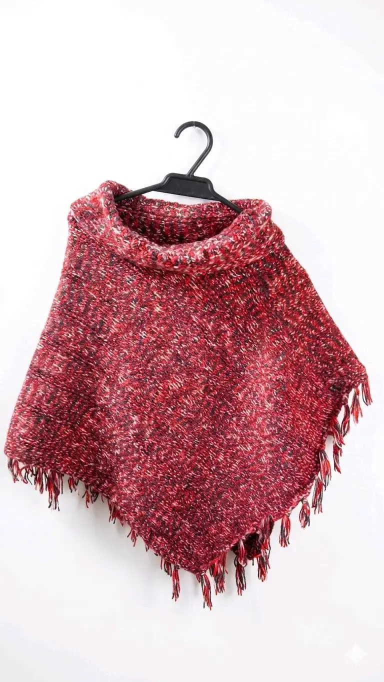 Poncho tejido rojo con flecos talla M - 1
